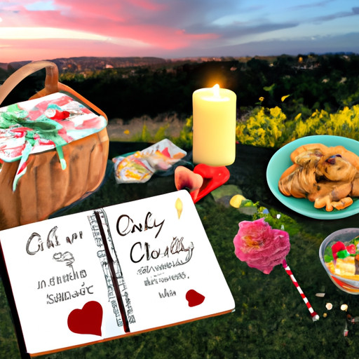 An image that showcases a cozy candlelit picnic on a grassy hill, with a basket filled with heart-shaped treats, a bouquet of vibrant flowers, and a handwritten note tucked beside a blushing couple