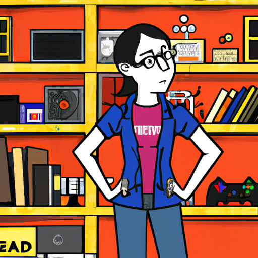 An image showcasing a person confidently wearing thick-rimmed glasses, surrounded by shelves overflowing with comic books, video games, and scientific equipment, proudly displaying their dual identity as a proud nerd and geek