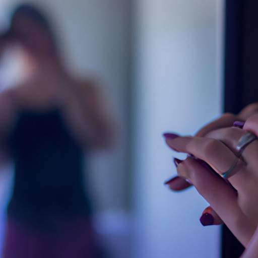 An image of a woman's hand subtly removing her engagement ring, while her reflection in a mirror reveals her texting secretively