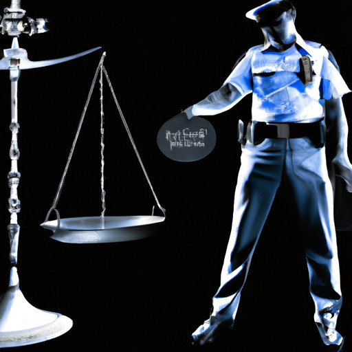An image that portrays a police officer symbolically holding a scale, with one side representing integrity and the other side representing corruption