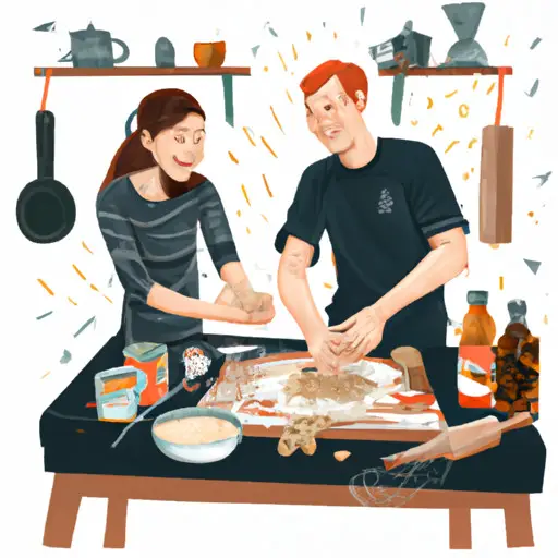 An image showcasing a charming kitchen scene: a young couple playfully kneading dough together, surrounded by vibrant Asian ingredients like soy sauce, ginger, chopsticks, and a steaming bowl of homemade ramen