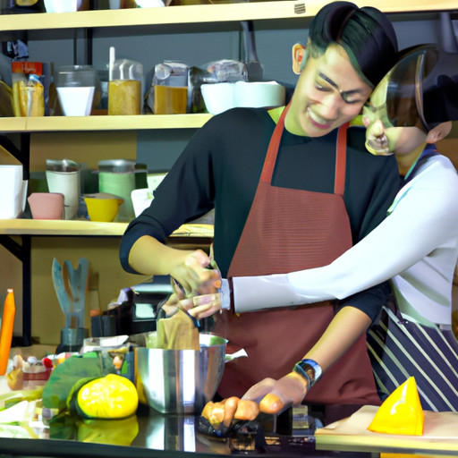 An image showcasing a young Asian couple cooking together in their cozy kitchen, sharing smiles as they prepare a homemade meal