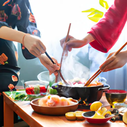 An image capturing the essence of an Asian homemade girlfriend: a cozy kitchen with steaming pots of aromatic dishes, delicate chopsticks resting on a vibrant tablecloth, and two pairs of hands lovingly preparing a meal together