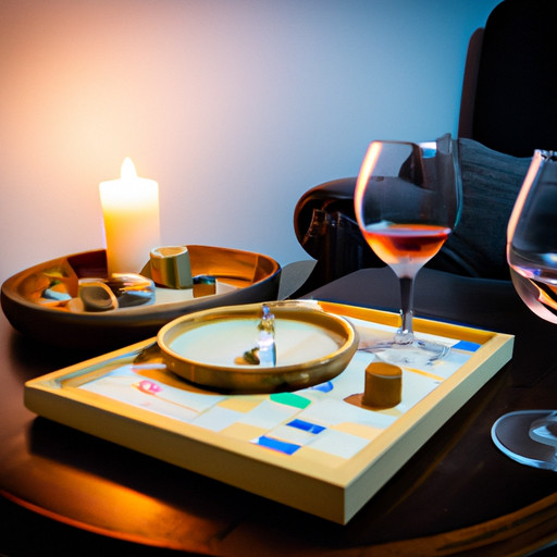 An image showcasing a cozy living room setup with a wooden coffee table adorned with a stack of board games, a bottle of wine, two wine glasses, and a flickering candle, evoking the perfect ambiance for a memorable Couples' Game Night