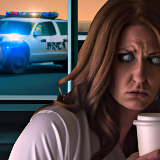An image capturing the essence of a police officer girlfriend's life: a worried woman gazing out a window, clutching a half-finished coffee, as a patrol car's flashing lights illuminate her face with a mix of anticipation and concern