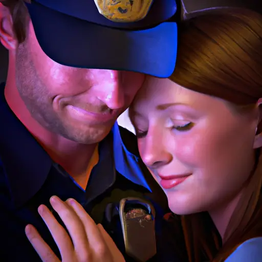 An image capturing the tender moment of a police officer girlfriend embracing her partner in uniform, their eyes locked with love and understanding, symbolizing the delicate art of finding balance in a relationship