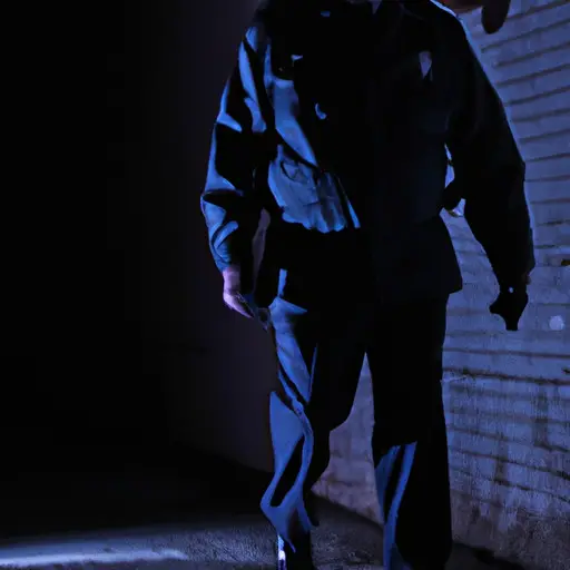 An image depicting a police officer navigating a dimly lit alley, flashlight in hand, while shadows loom ominously