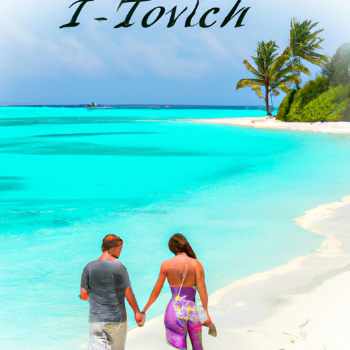 An image depicting a couple walking hand in hand along a serene, sun-kissed beach, with a backdrop of a secluded tropical island and crystal-clear turquoise waters