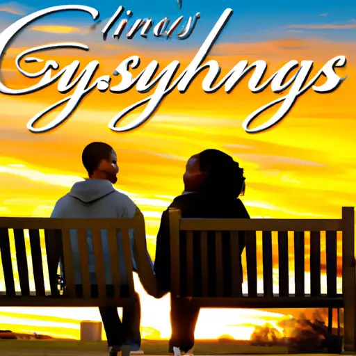An image featuring two young adults holding hands, sitting on a park bench, with a serene sunset as the backdrop