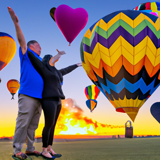 an image of two ecstatic parents, arms outstretched, as they soar above colorful hot air balloons in a serene sunrise sky