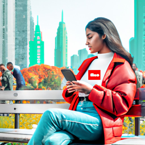An image of a young, confident woman sitting on a park bench, engrossed in her phone while surrounded by a vibrant cityscape backdrop