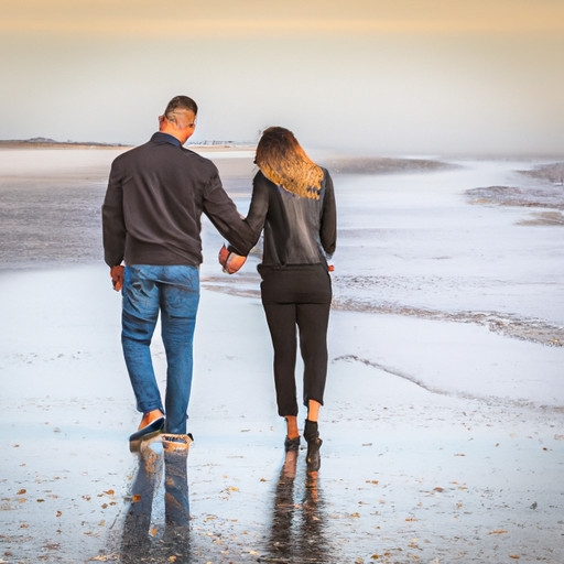 An image showcasing a couple in their mid-20s strolling hand in hand along a serene beach, evoking a sense of romance and lasting love, representing eHarmony as the best dating site for 23-year-olds