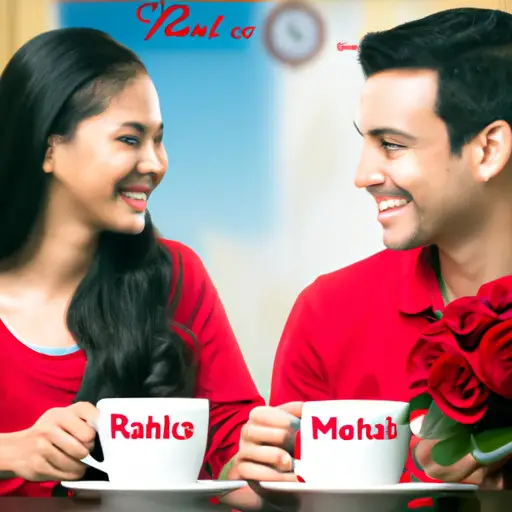 An image showcasing two smiling Catholic singles, sitting side by side at a cozy café table adorned with a bouquet of red roses
