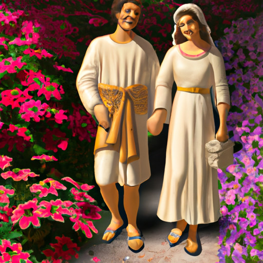 An image that showcases two smiling Catholic individuals, hand in hand, walking along a beautiful sunlit path lined with vibrant blooming flowers, symbolizing their connection and happiness found on AveMariaSingles