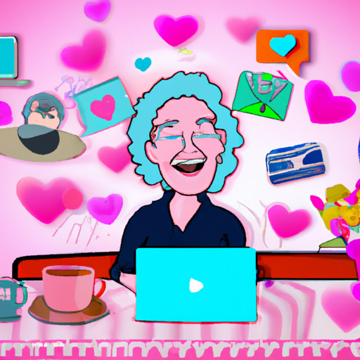 An image depicting a mature widow joyfully engaging in a video call with a potential partner, surrounded by icons representing comfort, companionship, and emotional support, showcasing the empowering benefits of online dating for widows over 50