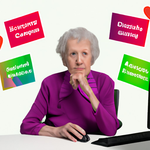 An image featuring a senior widow sitting at a computer, surrounded by different dating site logos