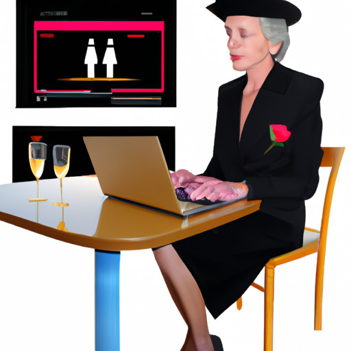An image showcasing a mature widow, elegantly dressed, browsing through a dating site on her laptop, with a user-friendly interface displaying filters for age, interests, and compatibility, ensuring a seamless and tailored online dating experience