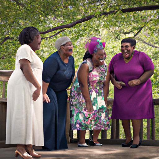 An image showcasing a diverse group of joyful widows in their 50s, engaged in meaningful conversations while exploring an idyllic park setting