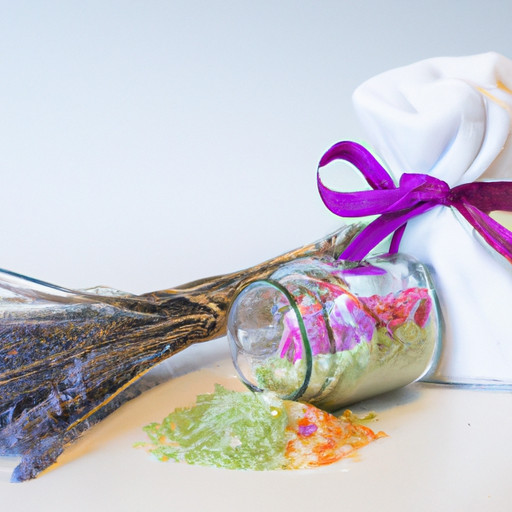 An image showcasing a mason jar filled with colorful bath salts, a plush towel draped over the lid, a wooden scoop nestled beside it, and a bouquet of dried lavender tied with a ribbon