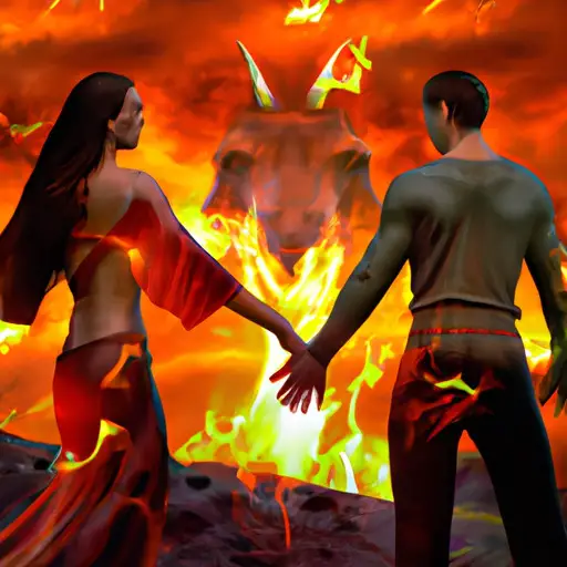 An image showcasing a fiery sunset over a rugged landscape, where a confident Taurus woman stands hand-in-hand with her passionate partner, the flickering flames mirroring their strong and exhilarating connection