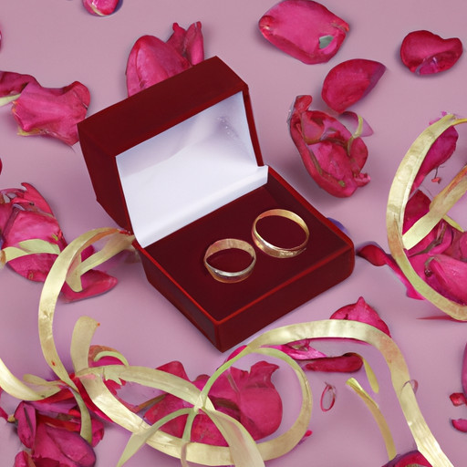 An image showcasing a pair of intertwined gold rings, delicately engraved with the couple's names, symbolizing eternal love