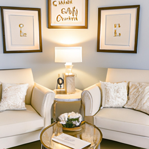 An image featuring a cozy living room adorned with personalized wall art, showcasing a custom family portrait and monogrammed throw pillows, enhancing the couple's home with sentimental and stylish customized decor