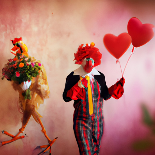An image featuring a comically exaggerated scene: a person dressed as a chicken holding a bouquet of wilted roses, while their ex-partner, disguised as a clown, juggles heart-shaped balloons in the background