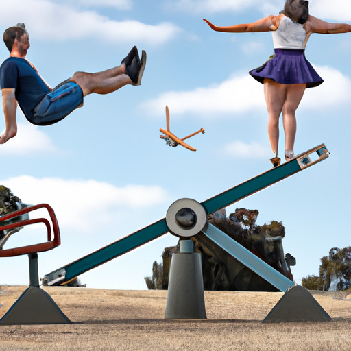 An image showcasing a couple sitting on a seesaw, one person happily elevated in the air while the other comically crashes onto the ground, symbolizing the bittersweet humor of breakup moments