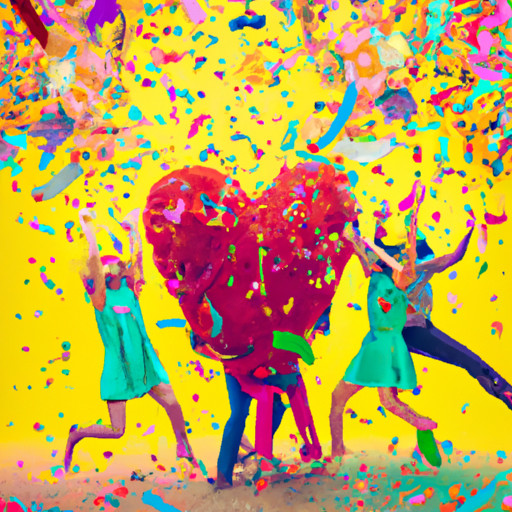 An image capturing the essence of humor in heartache: a shattered heart-shaped piñata with colorful confetti bursting out, surrounded by a group of friends laughing uncontrollably, raising their hands in celebration