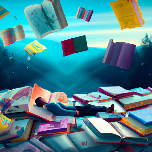 An image showcasing a person dreaming, surrounded by a vibrant landscape of floating books, with each page representing a different factor that influences text comprehension in dreams, such as emotions, prior knowledge, and sleep quality