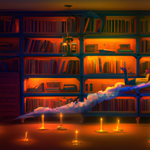 An image depicting a serene dreamscape where a dreamer floats above a glowing bookshelf