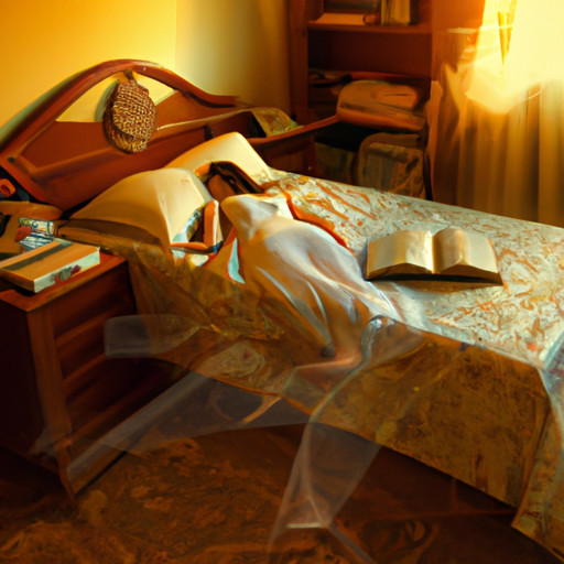 An image of a serene bedroom setting engulfed in ethereal golden light, with a person peacefully asleep