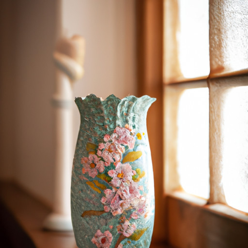 An enchanting image showcasing a hand-painted porcelain vase adorned with delicate floral designs, sitting atop a rustic wooden shelf