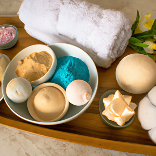 An image showcasing a beautifully arranged wooden tray filled with a variety of homemade spa essentials: fragrant bath bombs, silky body oils, exfoliating scrubs, luxurious face masks, and a fluffy towel, all ready for a DIY spa day