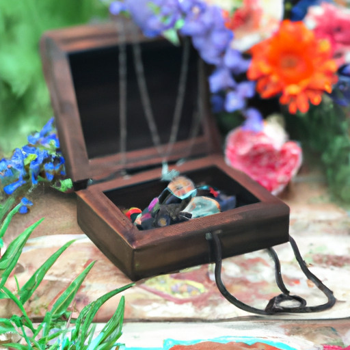 the essence of thoughtful surprises with an image of a delicately handcrafted necklace, adorned with intricately designed pendants, resting on a vintage wooden jewelry box, surrounded by vibrant, blooming flowers