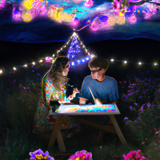 An image of two couples in a whimsical outdoor setting, sitting on a blanket under a starry sky, painting each other's portraits with colorful brushes, surrounded by vibrant flowers and fairy lights