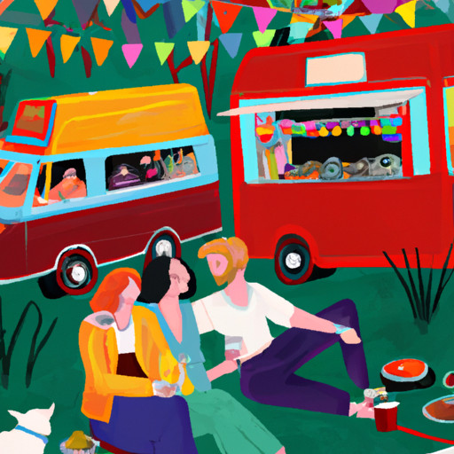 An image showcasing two couples sitting at a bohemian-style picnic, surrounded by vibrant food trucks, as they joyfully indulge in gourmet street food, savoring every bite with laughter and delight