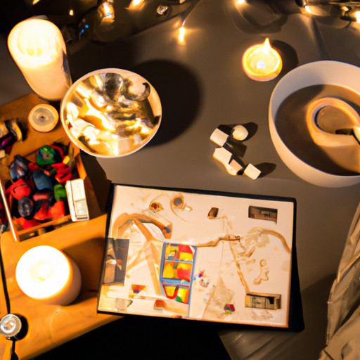 An image portraying two couples cozied up on a plush couch, indulging in a candlelit fondue spread, surrounded by fairy lights, with mugs of hot chocolate, and a classic board game waiting to be played