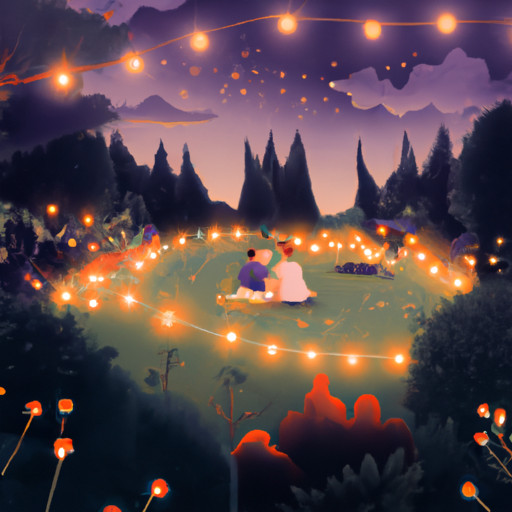 an enchanting evening under a starlit sky, as two couples delight in a candlelit picnic amidst a picturesque garden