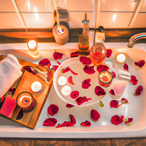 An image featuring a cozy bathroom scene with flickering candles, rose petals floating in a bubble-filled bathtub, a tray of homemade face masks, fluffy towels, and a selection of aromatic essential oils