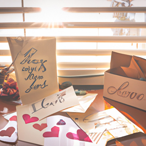 An image of a cozy wooden desk adorned with an assortment of handmade love notes and letters, carefully folded with delicate ribbon ties
