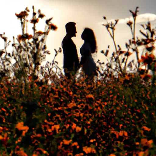 An image showcasing an intimate moment between a couple, as they stroll hand in hand through a sun-kissed meadow, their silhouettes framed against a backdrop of vibrant wildflowers and a golden sunset