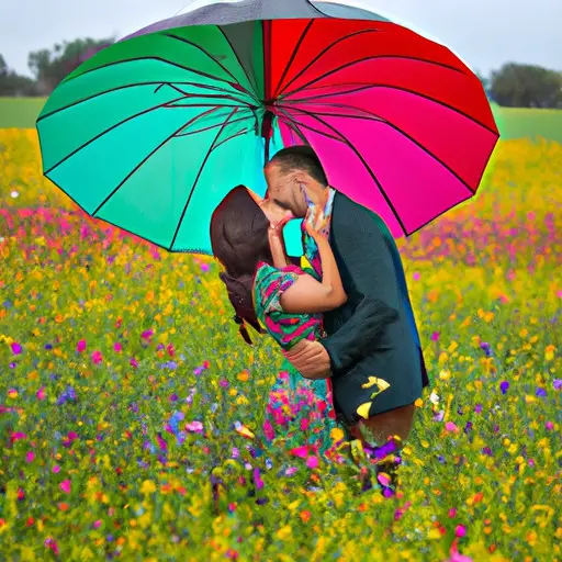  the whimsical essence of love with this creative image idea: In a vibrant field of wildflowers, your girlfriend playfully kisses your cheek while you both hold a colorful umbrella, shielding your laughter from the rain