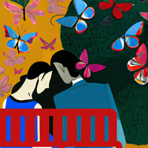 An image that depicts a couple sitting on a park bench, surrounded by colorful butterflies