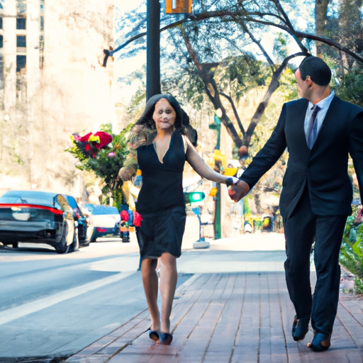 E of a confident couple walking hand in hand down a bustling city street, the woman stylishly dressed in professional attire while the man, wearing a humble yet genuine smile, carries a bouquet of flowers
