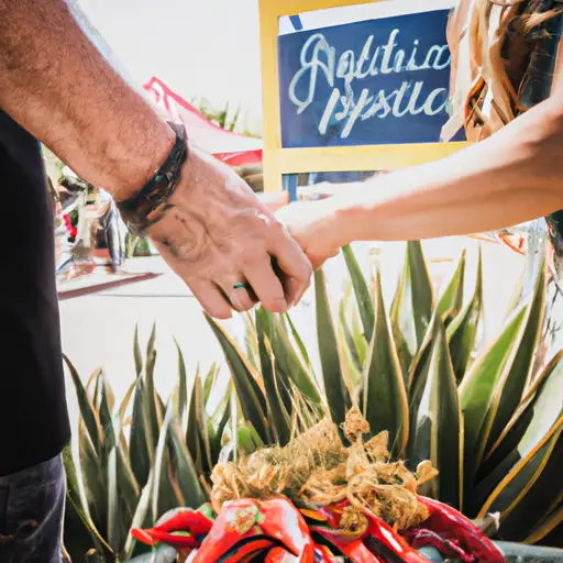 An image showcasing a couple delightfully exploring a picturesque farmers market, hands entwined as they sample fresh produce, laugh together, and savor the simple joys of shared experiences and quality time