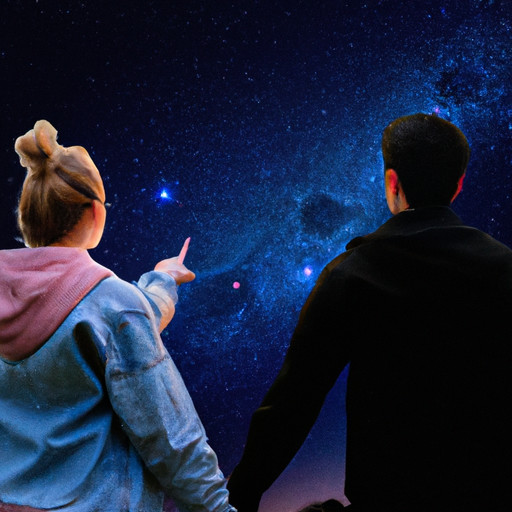 An image capturing a couple gazing at a starlit sky, with the man guiding his partner's hand towards a distant constellation