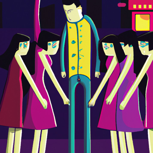 An image depicting a crowded nightclub scene, where tall men effortlessly mingle with women, while a visibly frustrated short guy stands alone, struggling to catch anyone's attention