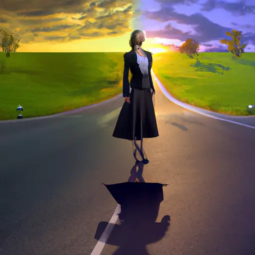 An image featuring a young widow, dressed in a mix of casual and formal attire, standing at a crossroad