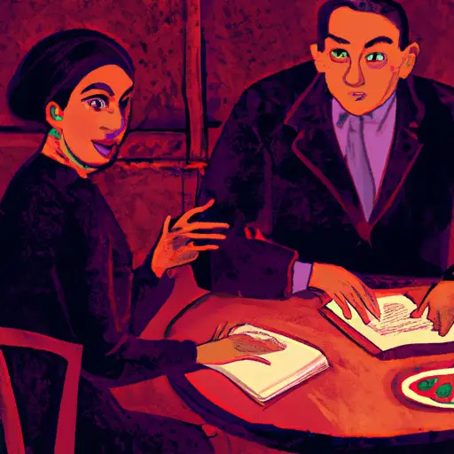 An image depicting a couple seated at a table in a dimly lit restaurant, exchanging cautious glances